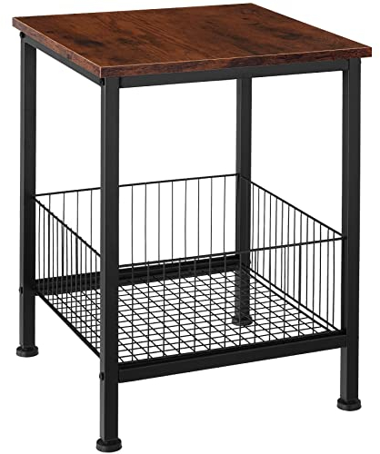 tectake® Beistelltisch mit Stauraum, Couchtisch mit Gitter Korb, Nachttisch 40 x 40 x 55,5 cm, Zimmer Deko Schlafzimmer, Deko Wohnzimmer Möbel, Pflanzenständer - Industrial Holz dunkel, rustikal