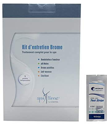 BAYROL SpaTime KIT d'entretien Brome - 4,4kg | Coffret de Traitement et Entretien Complet - Désinfection Régulière + 10 Tests HPS OFFERTS 6 en 1