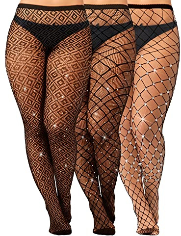 Geyoga 3 Paia Collant a Rete Taglie Forti Calze a Rete con Strass Glitterati Nere a Vita Alta da Donna XL-4XL(Nero,XL-4XL)