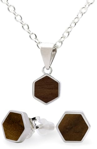 NaturSchatulle Holzschmuck Set Ohrringe Halskette Hexagon 7mm Damen Holzohrringe 925 Silber Nussbaum Holz Ohrstecker Schmuck (Set)