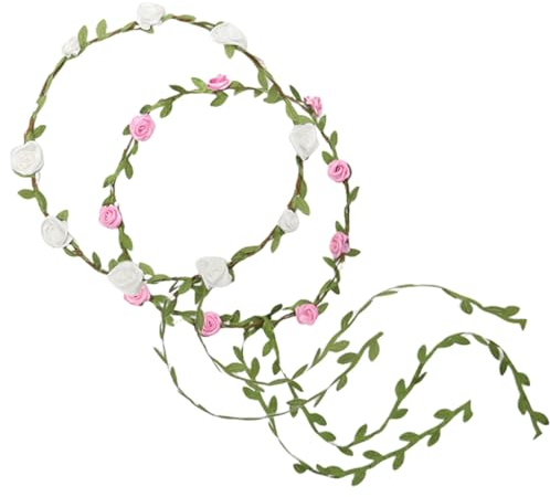 RDNKVB 2Pcs Damen Blumenkranz Haarband Braut Rosen Haarreif Stirnband Boho Mädchen Hochzeit Party Kommunion Geburtstag Kopfschmuck (Weiß, Rosa)