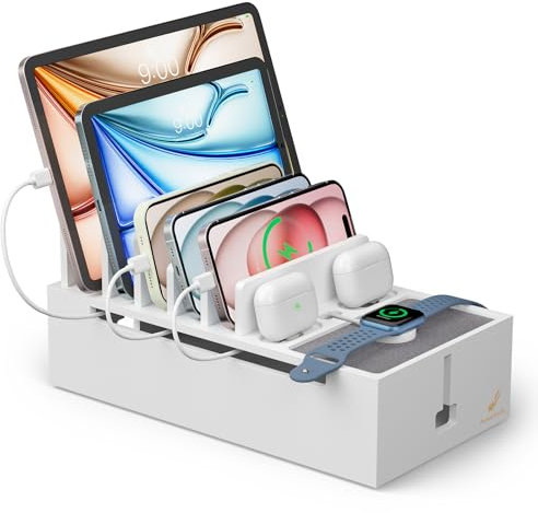 Pezin & Hulin Multi-Ladestation, Organizer, Bambus-Kabel-Management-Box, Steckdosenleisten und Kabelversteck, Nachttisch-Geräte-Organizer (inklusive 6 Kabel) (ohne Netzteil), Weiß