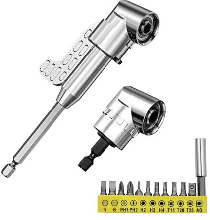 2pcs Corner Tool Screw Hub with Multi-Function Bend Screwdriver Bit, Multi-Purpose Right Angle Drill Attachment, Flexible Bit Extension with 12 Pieces of Batch Head for Tight Space (Silver,Short+Long)