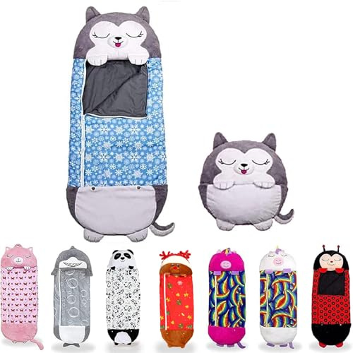 ZVD Sac de Couchage Enfant et Oreiller de Jeu 2 en 1, Pour Animaux Avec Coussin, 160 x 60 Cm (Husky Bleu)