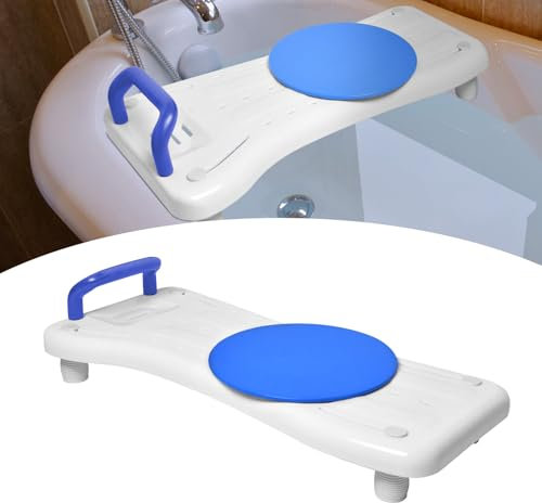 Aufun Tabla para bañera de aprox. 75 cm de largo, asiento de bañera para adultos mayores, asiento con bandeja para jabón, plato giratorio y asa, silla para baño (asidero azul)