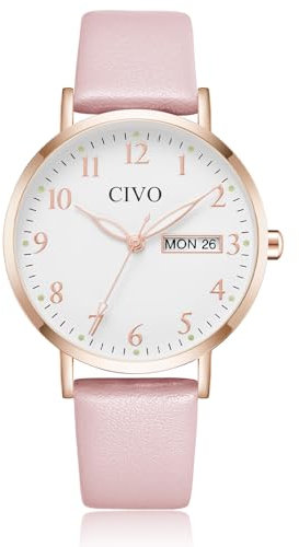 CIVO Damenuhr Lederarmband Rosa Armbanduhr: Elegant Uhren Damen Analog Quarz - Datum Wasserdicht Uhren Frauen Minimalistisch Mode Kleid Geschenke für Damen