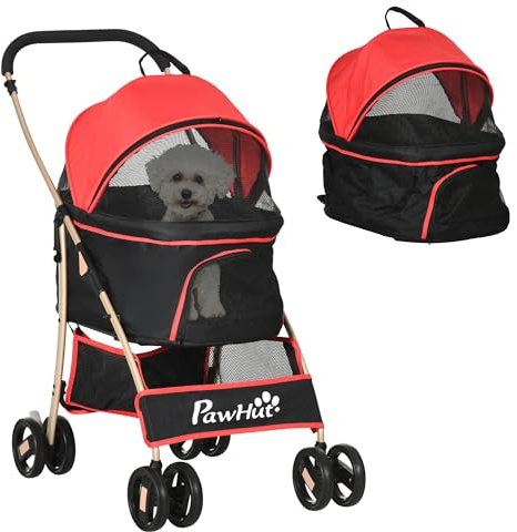PawHut Passeggino per Cani 3 in 1 Pieghevole Convertibile in Borsa da Trasporto, Seggiolino Auto con 2 Guinzagli, Cuscino, Passeggino per Animali in Acciaio, Tessuto Oxford, 82x49.5x98cm, Rosso Nero