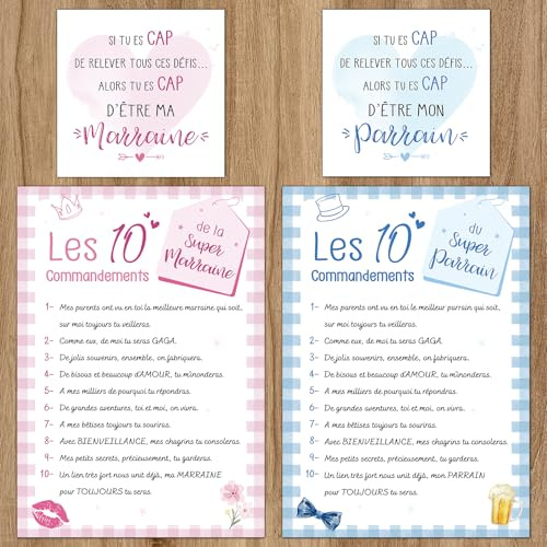 Kit de 10 Commandements Cartes Parrain Marraine Demande Carte Future Marraine Parrain Cadeau Décoration pour Fête Annonce Naissance Baptême Communion