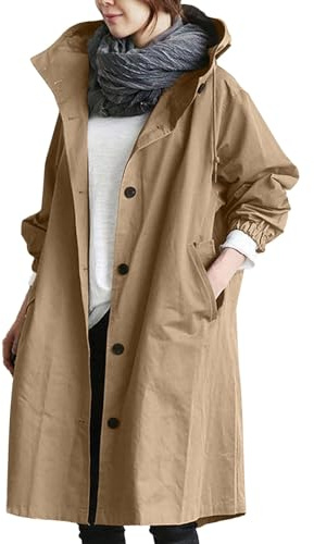Générique Trench Coat Femme Long Veste Décontractée Légère Printemps Veste De Sport Anorak Femme Outwear Confortable Et Doux Veste Pluie Avec Poches Et Chapeau (Beige, XL)