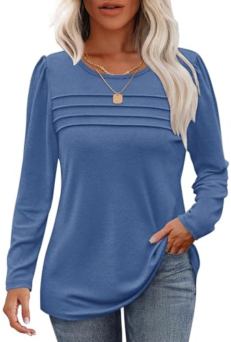 WNEEDU Långärmad damtröja rund hals ledig lös tröja damer trendig veckad sweatshirt höst vinter puli toppar blus tunika toppar, Himmelsblå, L