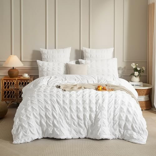 DXHOME Seersucker Bed Linen 135 x 200 cm White 2-Piece Striped Checked Summer Bed Linen Cooling Soft Microfibre Duvet Cover with Zip + 1 Pillowcase 80 x 80 cm
