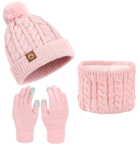 Fiohiros Girls Winter Hat Scarf Gloves Set, Kids Soft Warm Hat Neck Warmer Mittens for 4-10 Years Old Girls