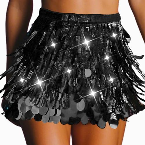 Fashband Sequin Skirt Sparkly Belly Dance Hip Scarf Fringe Skirts for Women (UK, Alpha, One Size, Regular, Regular, Black)