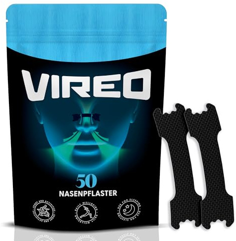 Vireo® Cerotti Nasali Neri 50 pezzi, Strisce Nasali, Cerotti Naso Forma Tradizionale, Alta Tenuta, Qualità Premium, Sonno e Uso Quotidiano