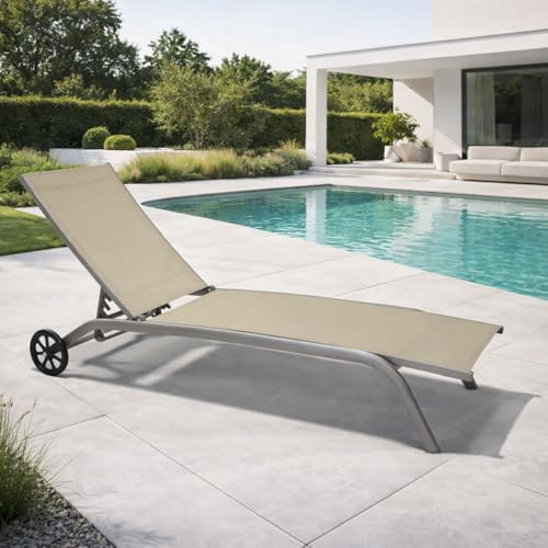 Yellowshop – Lettino Prendisole in Alluminio e Textilene Elly, Reclinabile 5 Posizioni, con Ruote, Impilabile – Lettino da Giardino, Piscina, Mare, Coffee