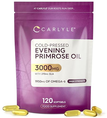 Evening Primrose Oil 3000mg | with 270mg GLA & 1950mg of Linoleic Acid | High Strength Omega-6 Fatty Acids | Cold-Pressed | 120 Softgel Capsules | By Carlyle