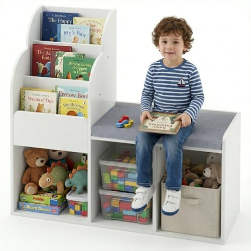 RELAX4LIFE Meuble de Rangement Enfant avec Banc de Lecture, Bibliothèque à 3 Niveaux et 6 Compartiments, Étagère à Livres avec Coussin Amovible pour Chambre d'enfant, Salon et Crèche