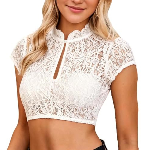 Camicia Dirndl Donna in Pizzo con Bottoni, Scollo a V e 3/4 Maniche Camicetta Bianca Bavarese Tradizionale Dirndl Bluse Damen Curvy Camicia Tirolese Elegante Leggero per Festa Costume Oktoberfest,,