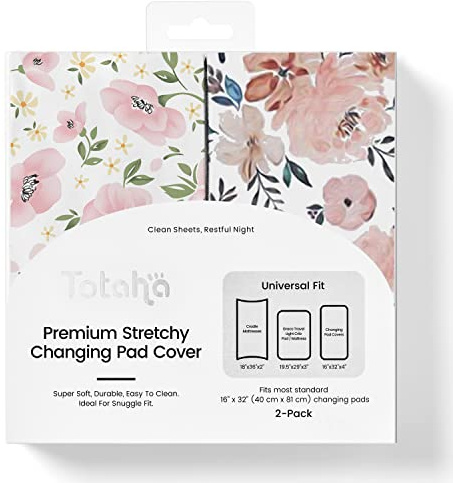 TotAha Premium Stretchy Changing Pad Covers (2-Pack) Hypoallergenic, Silky Comfort, Buttery Soft, Calming Effect, All-Season Jersey-Knit 5'' Deep Pocket(Meredith Allover Floral & Pale Pink Flowers)