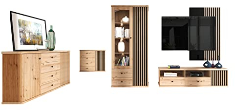 Wohnzimmer Weren II, Wohnzimmer-Set, Wohnwand, Wohnzimmerschränke, Vitrine, 2x Kommode, TV Lowboard und Lamellen Paneel, Komplett (mit weißer LED Beleuchtung, Artisan / Schwarz + Artisan Lamellen)