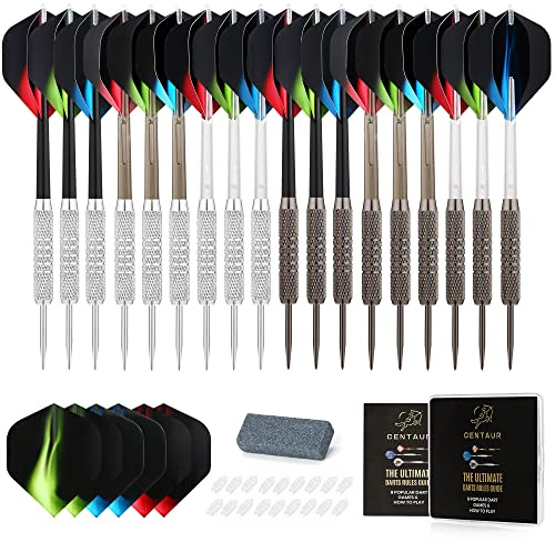 centaur 18 Pack Steel Tip Darts, Professional 18 Grams Metal Dart Set with 3 Color Premium PVC Shafts and 24pcs PET Flights and Dart Case, Beginner or Professional Darts