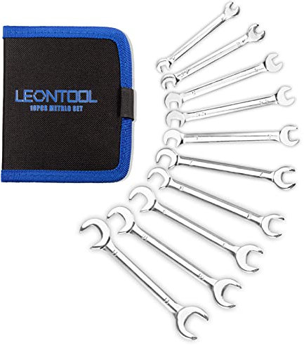LEONTOOL Mini Double Open End Wrench Set Metric 10 Pcs 4mm to 11mm with Portable Storage Pouches Mirror Chrome Finish Super Thin Open Ended Spanner Double Angle Head for Small Fasteners