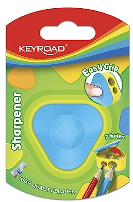 KEYROAD Ergonomischer Doppel-Anspitzer Dreieckiger mit Behälter/ 1 Stück/aus Kunststoff/Klingen aus Stahl/von Bleistiften und Buntstiften/Blister - Mischfarben