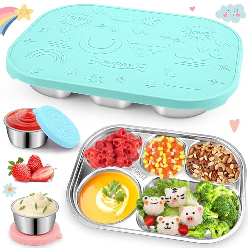 Hydream Bento-Lunchbox Brotdose, Edelstahl Bento Boxen mit 5 Fächern Lunch Box mit Silikon Deckel, Wiederverwendbare Brotbox Snackbox mit 2x50ml Salatdressing Dip Behälter,Auslaufsichere (Türkis)