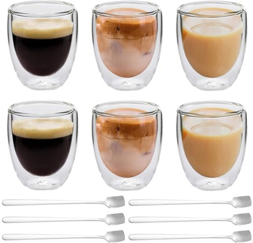 Latte Macchiato Juego de tazas de café de doble pared, 6 vasos de doble pared de 350 ml con 6 cucharas, capuchino, tazas de café, tazas de café, vasos térmicos de cristal