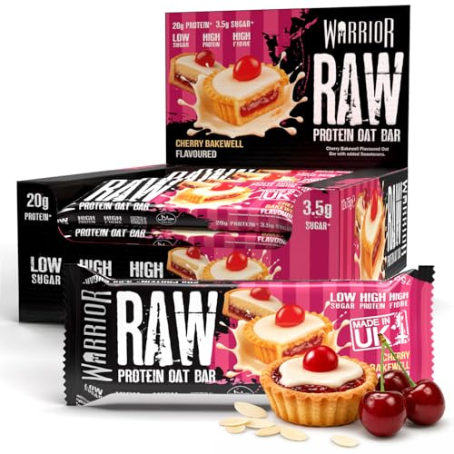 Warrior RAW Protein Bars 12 x 75g – 20g High Protein Bar, Low Sugar High Fibre Oat Protein Flapjack – Protein Snacks, Meal Replacement Bars (Cherry Bakewell)