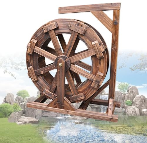 Fontaine à eau vintage en bois auto-rotative Feng Shui Décoration rustique sur pied Décoration de jardin (100 x 41 x 105 cm)