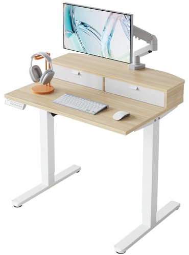 HUANUO höjdjusterbart skrivbord 80 x 53 cm med lådor | kompatibel C-klämfäste, 4 minnesinställningar