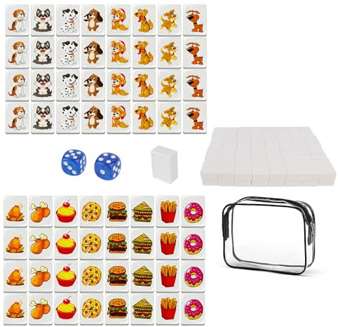 KBIBCK Seaside Escape Game Blocks Mahjong Sets, 65 Tiles Seaside Escape Board Games, Mini Mahjong Set, Dogs and Food Pattern Mahjongs Game Beachside Board Games, Family Board Gamer for Kids and Adults