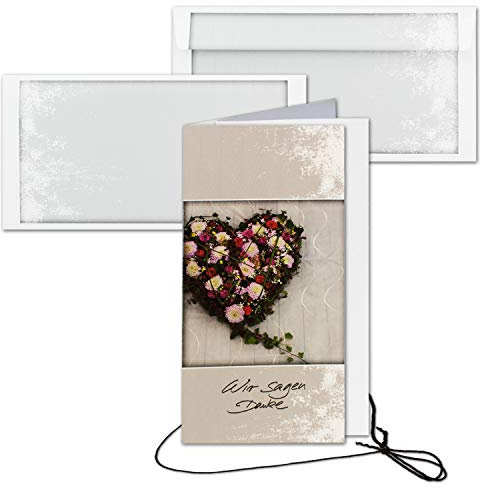 15x Biglietto funebre con busta Set di biglietti di ringraziamento - Fiori-Cuore - Formato ritratto lungo DIN - Biglietti di ringraziamento Biglietti funebri dopo il funerale