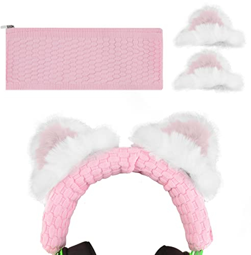 Geekria NOVA Knit Fabric Headband Cover + Cat Ears Attachment Compatible with Razer Kraken V4, SteelSeries Arctis Nova Pro, HyperX Cloud III, Sennheiser GSP 300 Headphones (Pink)