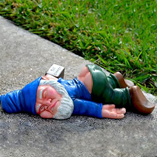JINJIASC Creative Garden Gnome Statue, Blue Resin Outdoor Decoration, Funny Drunk Gnome (LS1101)
