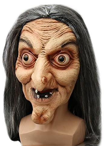 YTFSKFUI Long Hair Old Witch Halloween Mask - Horror Latex Full Face Scary Mask With Wig - Realistic White Halloween Face Mask for Makeup Party Prank Performance