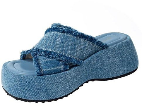 Ulalaza Ciabatte in denim da donna Pantofole piatte in tessuto Jean casual Pantofole con zeppa a punta aperta Zoccoli con plateau Sandali Boho antiscivolo Mocassini slip-on senza schienale