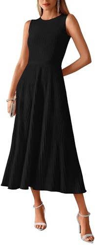 BTFBM Women Tank Midi Dress Summer Crewneck Sleeveless Pleated A Line Business Casual Formal Sweater Spring Dresses 2026(Black, Large)