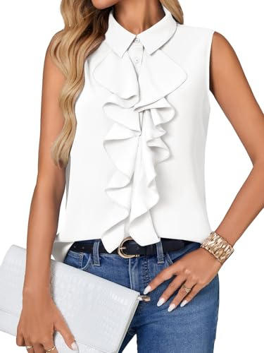 Vrtige Women's Summer Tank Top Button Down Ruffle Front Collar Neck Sleeveless Blouse Shirt Top White Small