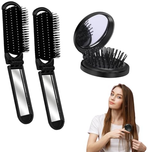 3 Pezzi Spazzola per Capelli Pieghevoli con Specchio,Spazzola tascabile, Rilassantee Massaggia il Cuoio Capelluto Spazzola per Capelli Pettine Lucido Piccola Spazzola Compatta