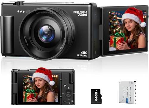 Fotocamera Digitale 4K, 72MP Autofocus Macchina Fotografica Digitale Compatta per Vlogging con Zoom Digitale 18X, Schermo Ribaltabile 270° Digital Camera con scheda da 64GB, Batteria