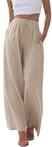 Cegerne Pantalon en Lin Femme Pantalon d'été Léger Pantalon décontracté Long Jambes Larges Pantalon Mousseline Palazzo Aéré Ample Pantalon de Plage d'été avec Poches
