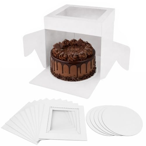 Godneei 5-stycken tårtbox-set 30 x 30 x 20 cm vit med fönster | Sidoöppning, inkl. 5 fetttäta kakbrädor 400 g stabil kartong livsmedelssäker för födelsedag bröllop bageri