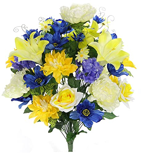 Admired By Nature 36 Stem Artficial Flowers Peony Rose Lily Spring Faux Flower Arrangement for Outdoor & Indoor Wedding Centerpieces Home Decor, Cemetery Decorations for Grave, Yellow Blue Crème