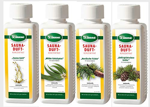 Finnsa Saunaaufguss Freier Atem: Eukalyptus, Fichtennadel, Latschenkiefer und Sauna Gold (4x250 ml)