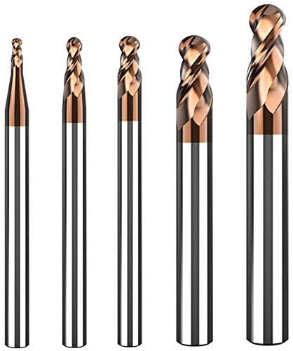 ASNOMY 5tlg VHM Radiusfräser Kugelkopffräser 2 Zähne - AlTiN Beschichtung HRC 55, Hartmetall-Kugelkopffräser, CNC-Gravierfräser für Metall, Enthält 5 Radiusgrößen von 1 mm 1,5 mm 2 mm 3 mm 4 mm
