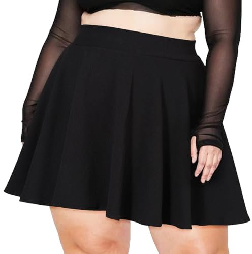 Moon Wood Damen Basic Mini Schwarz Skater Rock Stretch Hohe Taille Lässig Faltenrock Ausgestellt Pull On Skirt Röcke Große Größen, 3XL