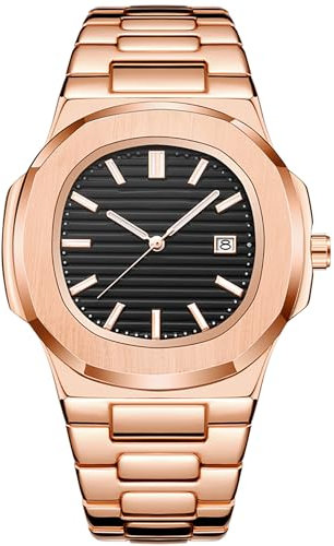 BARAMON Nautilus - Orologio da polso da uomo, in acciaio inox, movimento al quarzo, con data, lancette luminose, stile casual e business, Oro rosa, Movimento al quarzo
