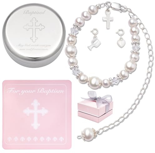Tryuunion Baptism Bracelet in Sterling Silver and Cultured Pearls for Baby Girls, Comes with a Unique Silver-plated Jewelry Keepsake Box, Christening and Baptism Gifts For Girl, Includes 3 Charms